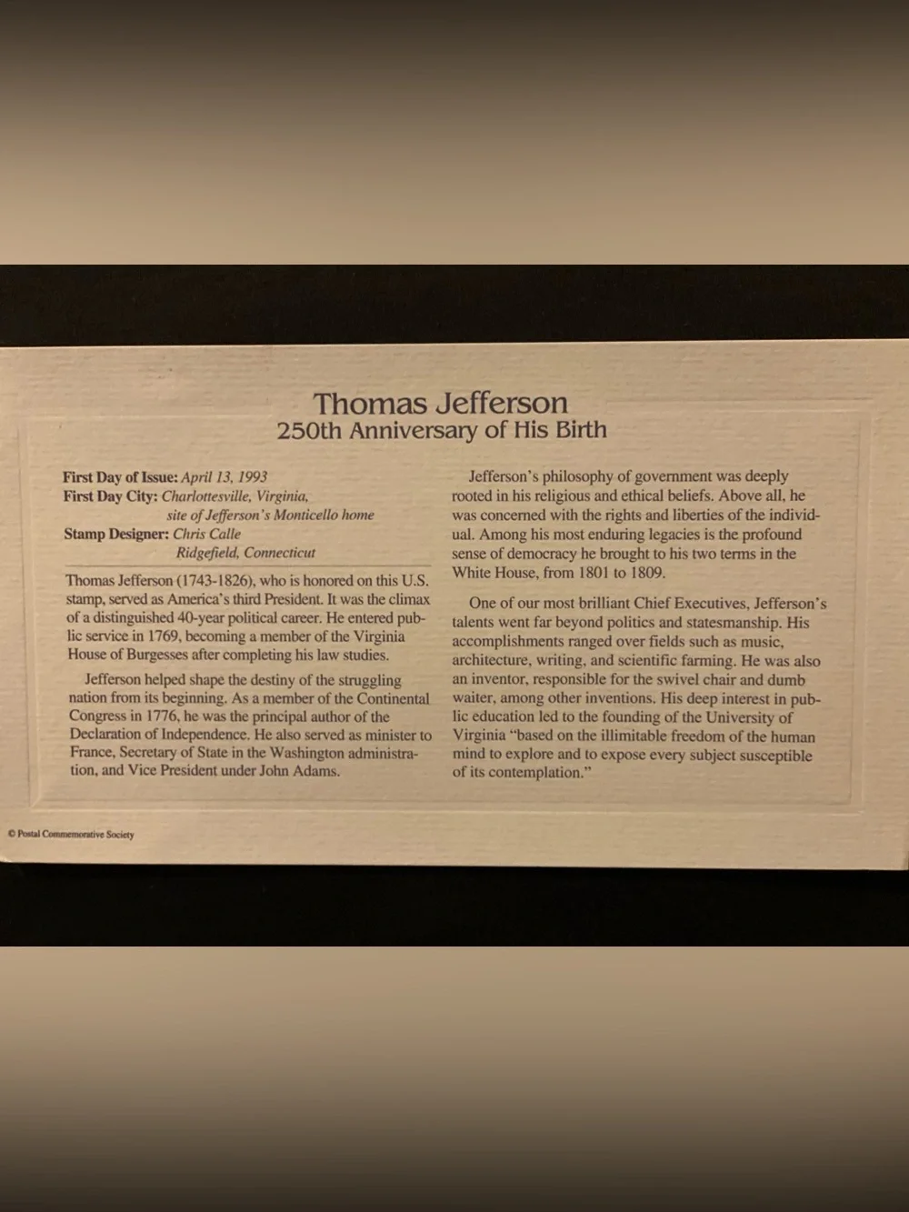 Commemorative Thomas Jefferson Gold Tone Stamp Plaque in Red
